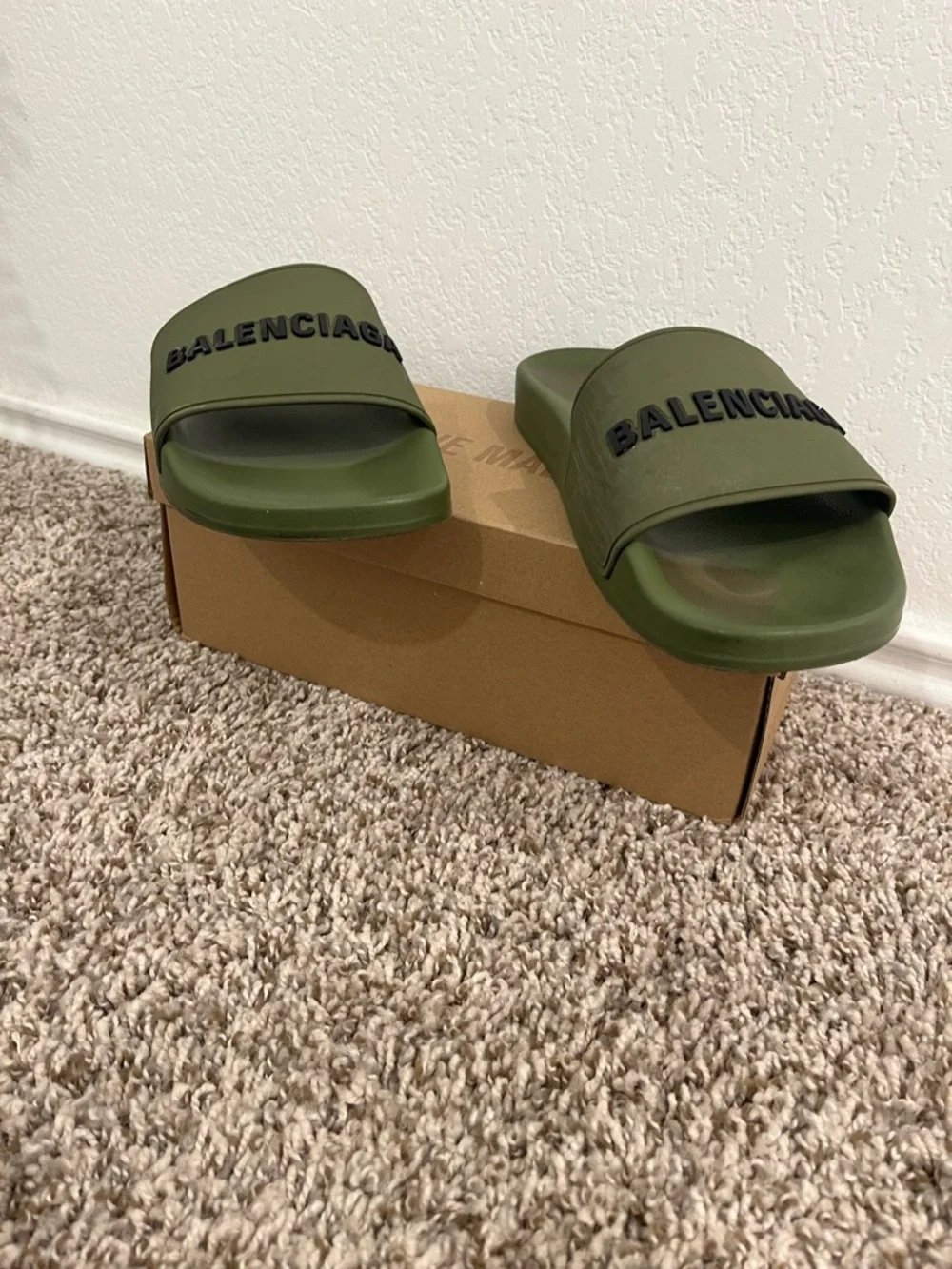 Balenciaga Olive Green Rubber Logo Slides with Black Lettering